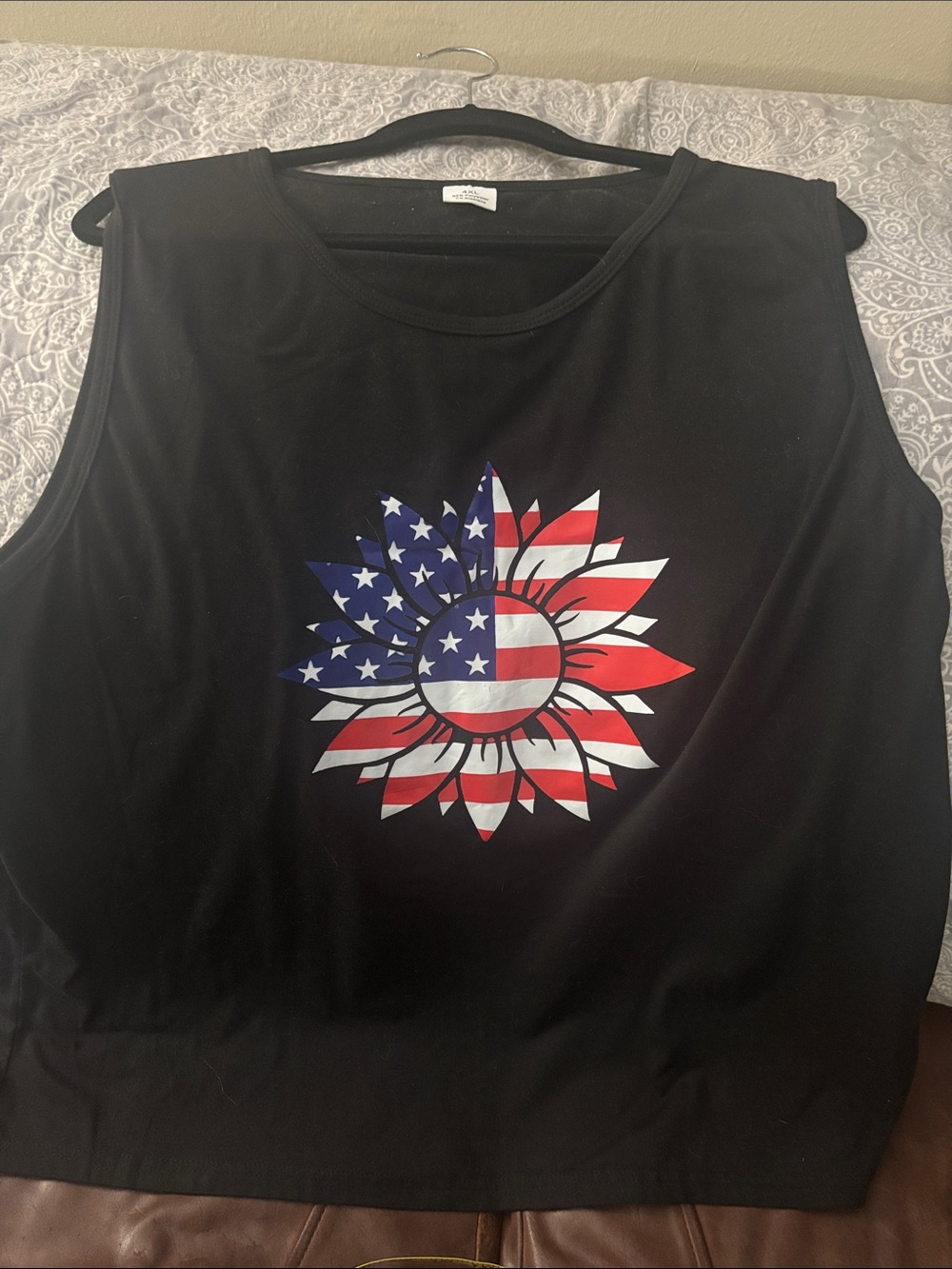 Black Women's Sleeveless Tank with American Flag Sunflower Graphic
